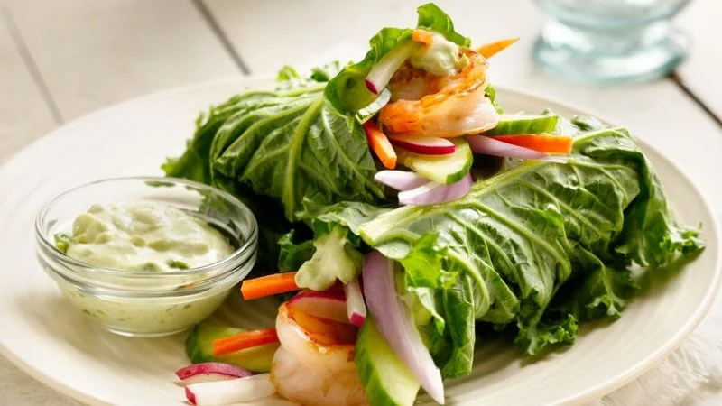 wraps de kale y camarones a la plancha